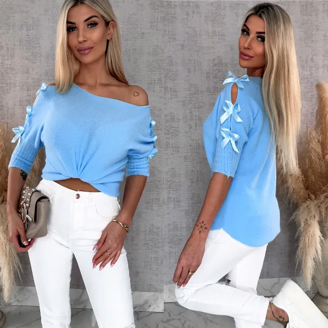 Oryginalny wiosenny sweter z krótkim rękawem i kokardkami BLUE - R664C