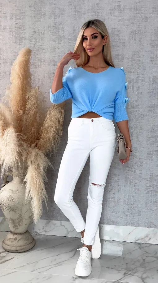 Oryginalny wiosenny sweter z krótkim rękawem i kokardkami BLUE - R664C