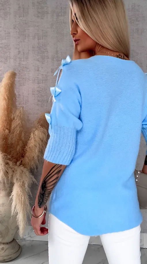 Oryginalny wiosenny sweter z krótkim rękawem i kokardkami BLUE - R664C