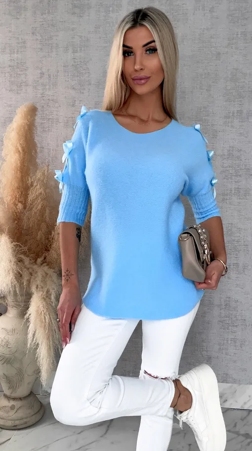 Oryginalny wiosenny sweter z krótkim rękawem i kokardkami BLUE - R664C