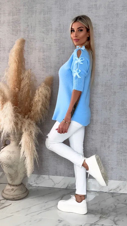 Oryginalny wiosenny sweter z krótkim rękawem i kokardkami BLUE - R664C