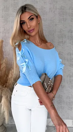 Oryginalny wiosenny sweter z krótkim rękawem i kokardkami BLUE - R664C