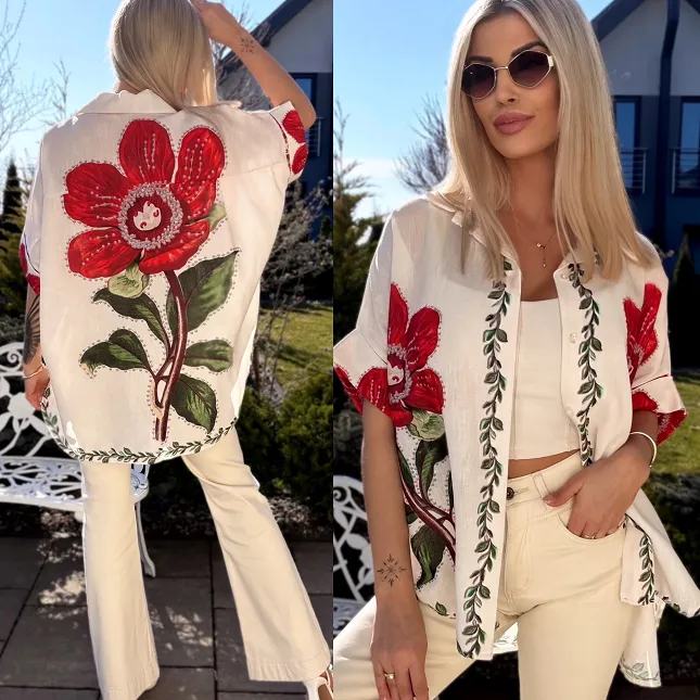 Asymetryczna lniana koszula ECRU z czerwonym kwiatem ONE SIZE - R945