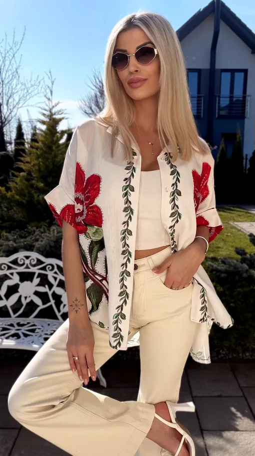 Asymetryczna lniana koszula ECRU z czerwonym kwiatem ONE SIZE - R945