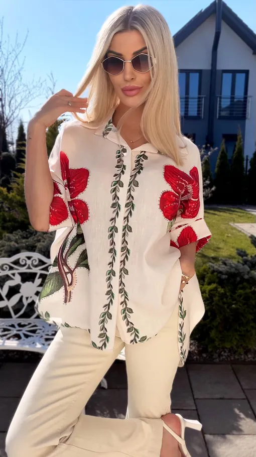 Asymetryczna lniana koszula ECRU z czerwonym kwiatem ONE SIZE - R945