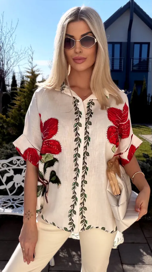 Asymetryczna lniana koszula ECRU z czerwonym kwiatem ONE SIZE - R945
