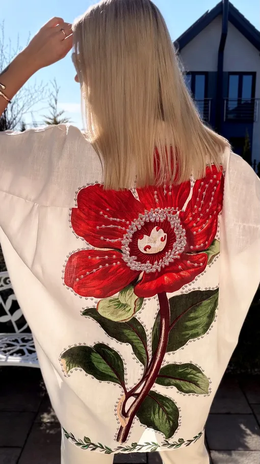 Asymetryczna lniana koszula ECRU z czerwonym kwiatem ONE SIZE - R945