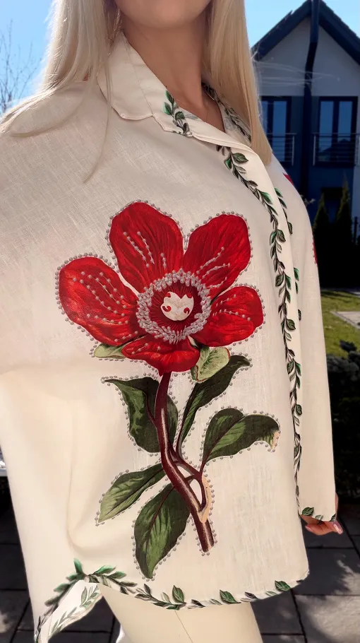 Asymetryczna lniana koszula ECRU z czerwonym kwiatem ONE SIZE - R945