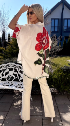 Asymetryczna lniana koszula ECRU z czerwonym kwiatem ONE SIZE - R945