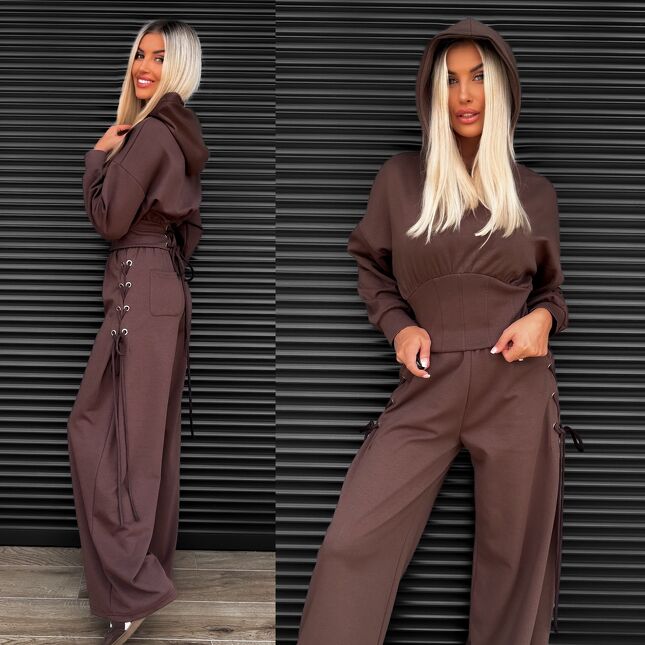Oryginalny czekoladowy DRES z wiązaniami bluza z kapturem + spodnie - S505A