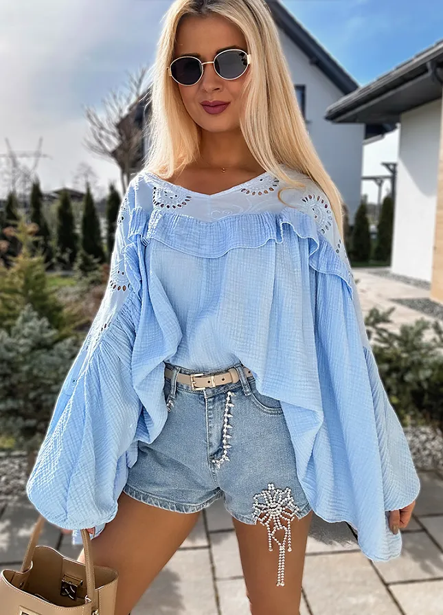 Bluzka bawełniana MUŚLINOWA w stylu BOHO oversize BLUE - M958