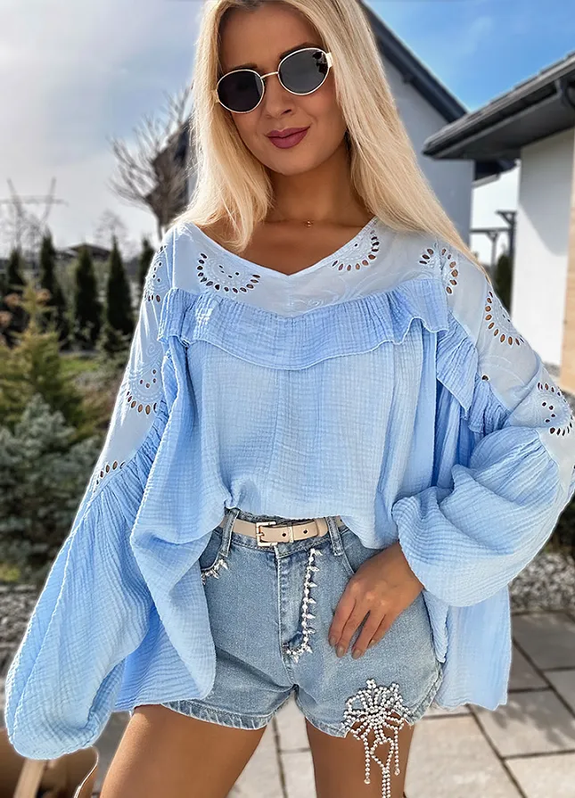Bluzka bawełniana MUŚLINOWA w stylu BOHO oversize BLUE - M958