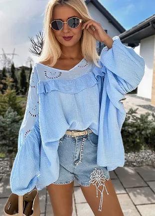 Bluzka bawełniana MUŚLINOWA w stylu BOHO oversize BLUE - M958