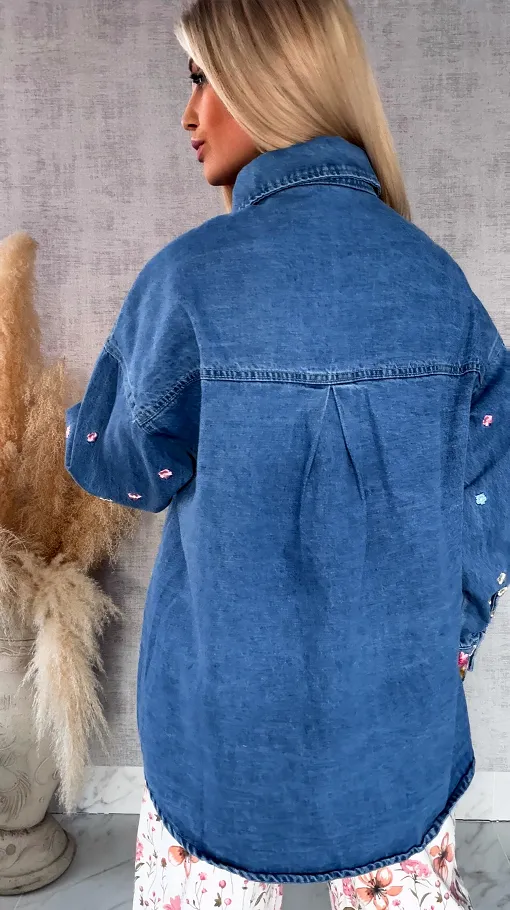 Niebieska katana jeansowa z kolorowymi haftowanymi kwiatami ONE SIZE - R643