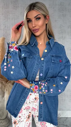 Niebieska katana jeansowa z kolorowymi haftowanymi kwiatami ONE SIZE - R643