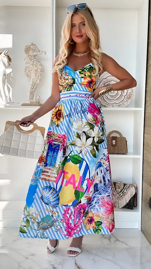 Letnia lniana maxi sukienka w niebieskie paski ITALY one size - P845