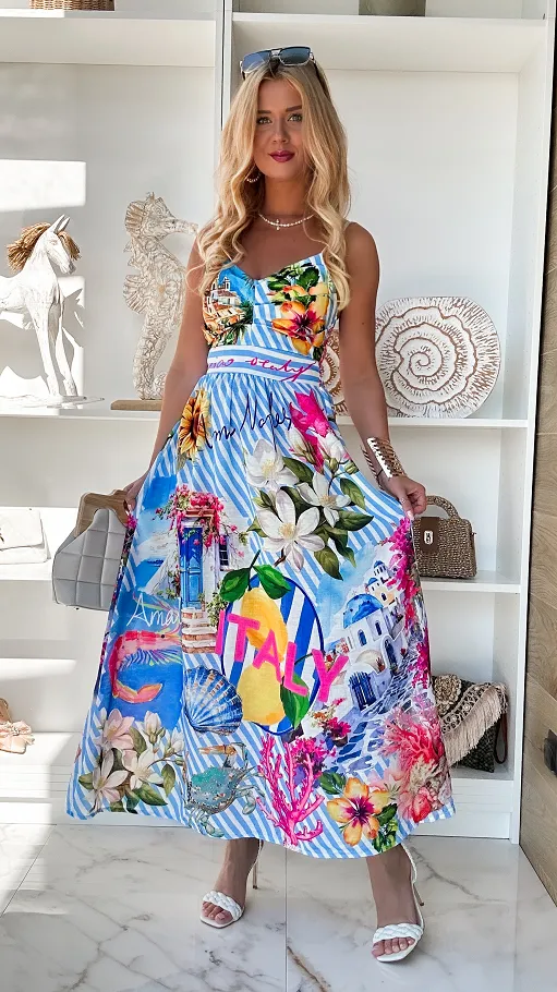 Letnia lniana maxi sukienka w niebieskie paski ITALY one size - P845