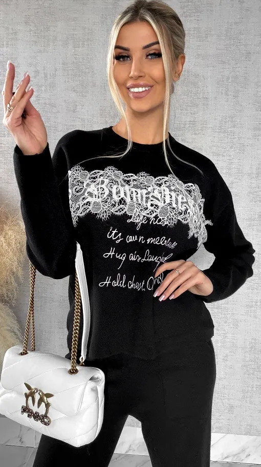 Oryginalny wiosenny komplet dzianinowy czarna bluza + czarne spodnie ONE SIZE - R597A