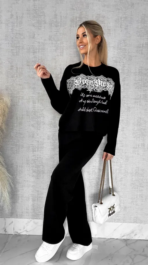 Oryginalny wiosenny komplet dzianinowy czarna bluza + czarne spodnie ONE SIZE - R597A