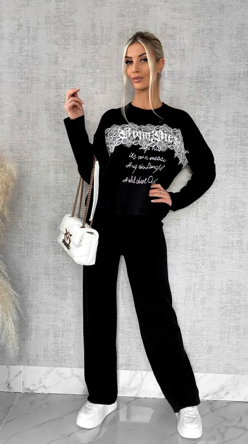 Oryginalny wiosenny komplet dzianinowy czarna bluza + czarne spodnie ONE SIZE - R597A