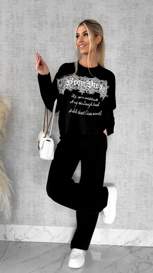Oryginalny wiosenny komplet dzianinowy czarna bluza + czarne spodnie ONE SIZE - R597A