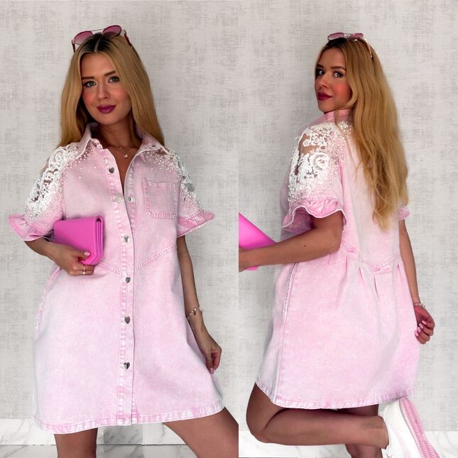 Oryginalna jeansowa sukienka OVERSIZE z ozdobnymi ramionami ONE SIZE różowa - S011C