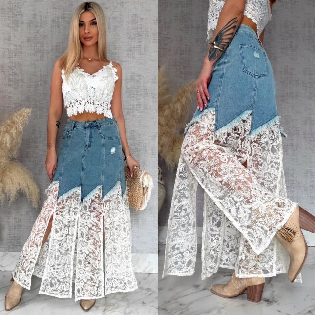 Oryginalna długa jeansowa spódnica z koronką BLUE JEANS - R821