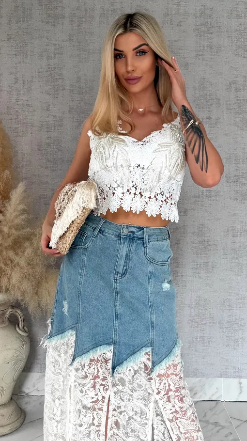 Oryginalna długa jeansowa spódnica z koronką BLUE JEANS - R821