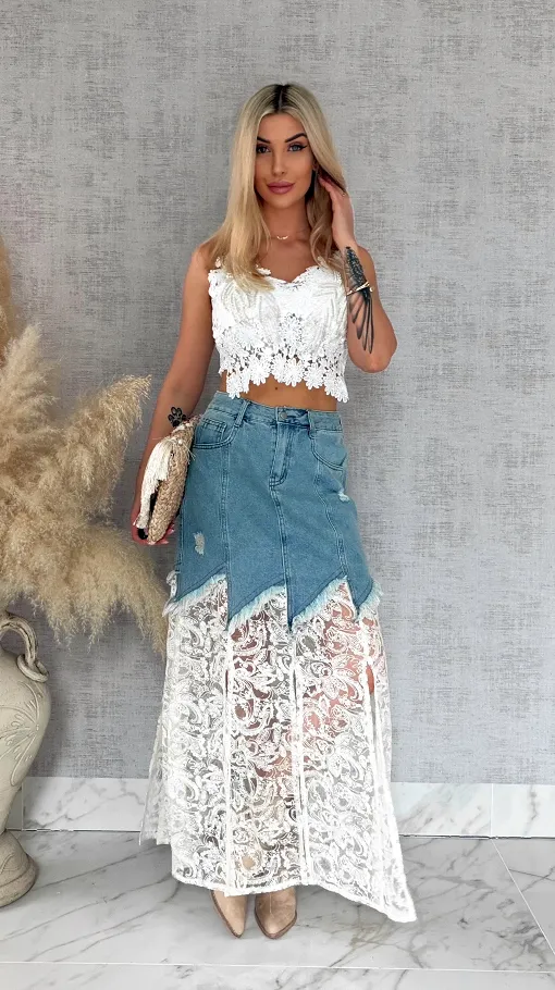 Oryginalna długa jeansowa spódnica z koronką BLUE JEANS - R821