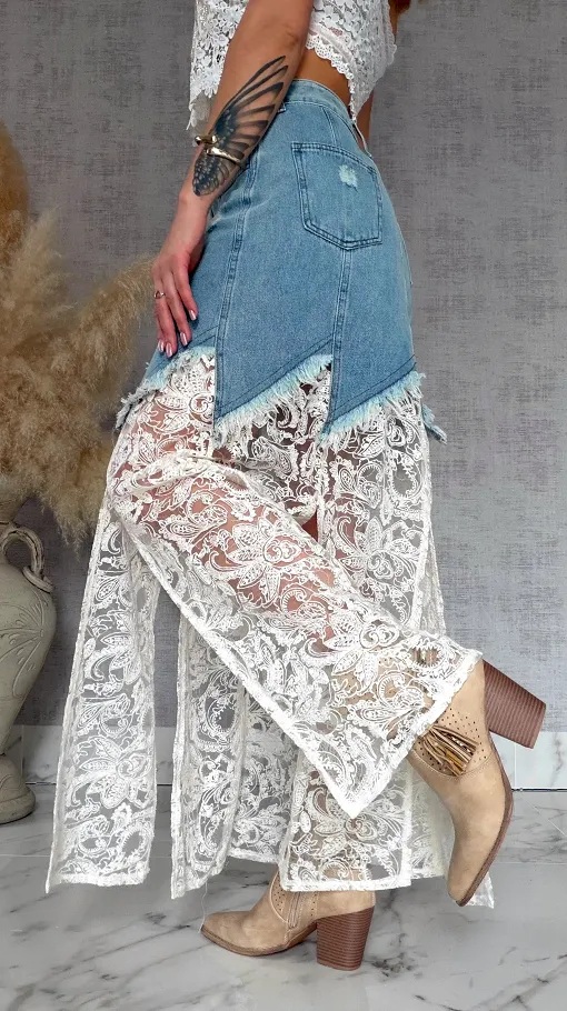 Oryginalna długa jeansowa spódnica z koronką BLUE JEANS - R821