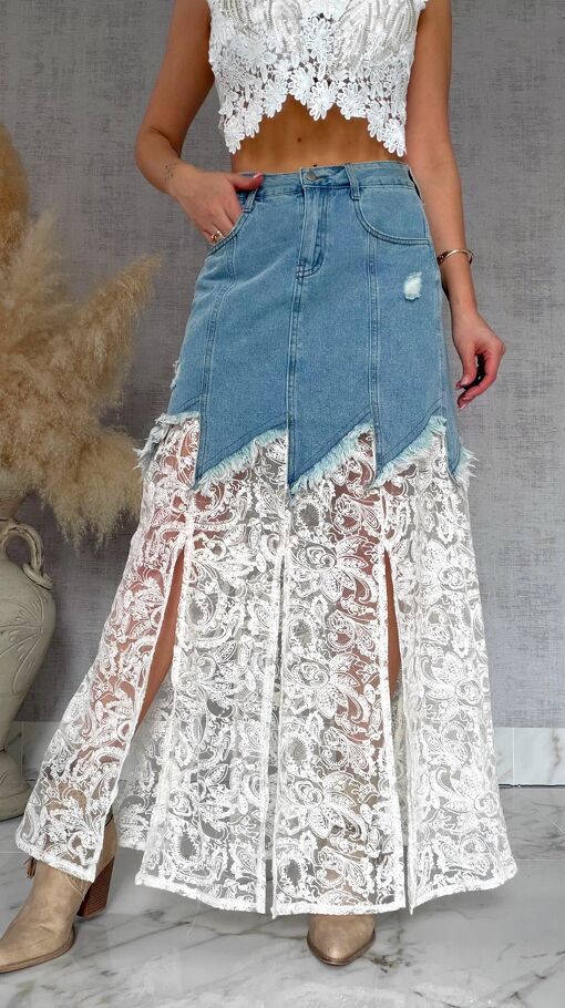 Oryginalna długa jeansowa spódnica z koronką BLUE JEANS - R821
