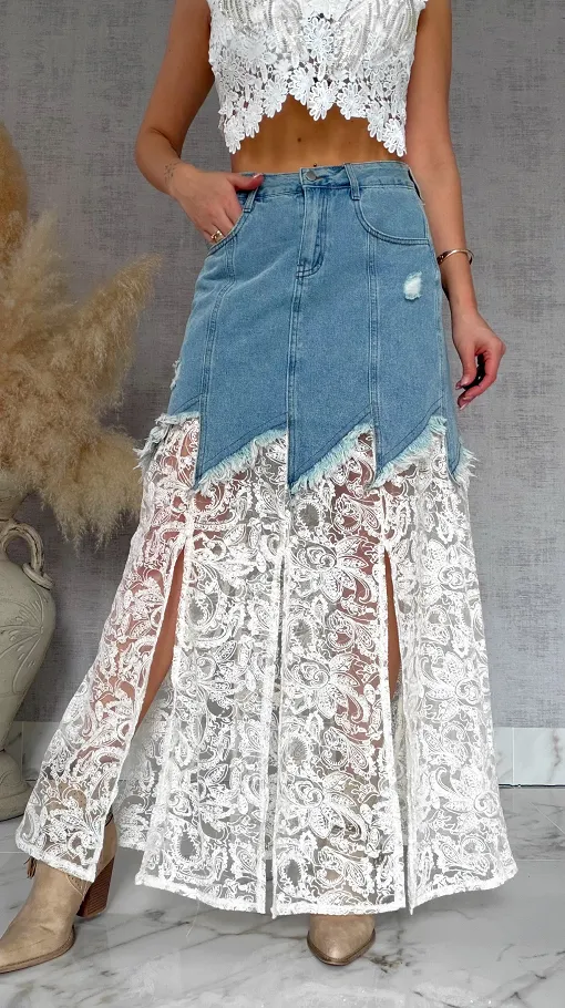 Oryginalna długa jeansowa spódnica z koronką BLUE JEANS - R821