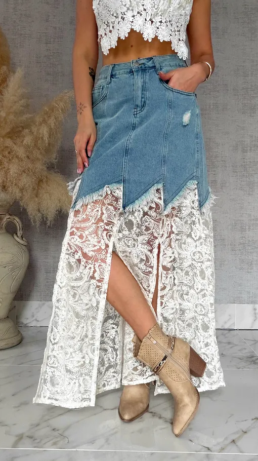 Oryginalna długa jeansowa spódnica z koronką BLUE JEANS - R821