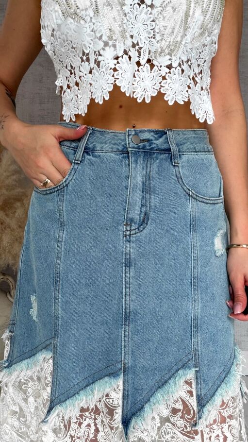 Oryginalna długa jeansowa spódnica z koronką BLUE JEANS - R821