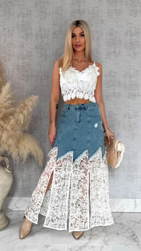 Oryginalna długa jeansowa spódnica z koronką BLUE JEANS - R821