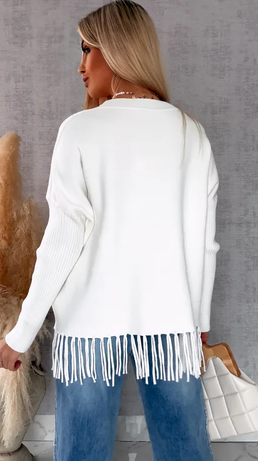 Gładki sweter ECRU z frędzlami ONE SIZE wiskoza - R650