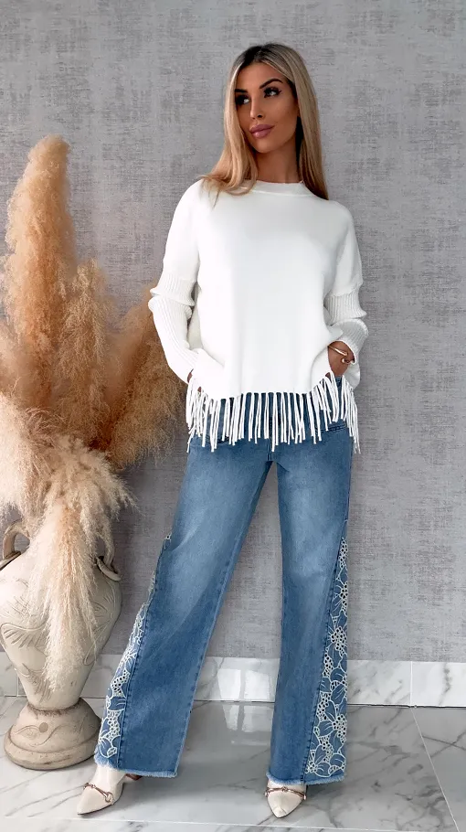 Gładki sweter ECRU z frędzlami ONE SIZE wiskoza - R650