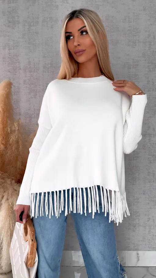 Gładki sweter ECRU z frędzlami ONE SIZE wiskoza - R650