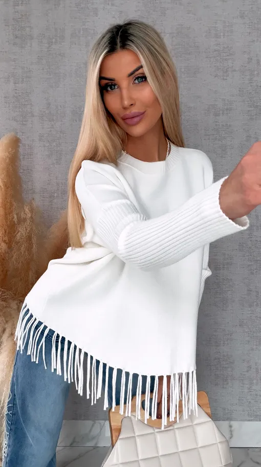 Gładki sweter ECRU z frędzlami ONE SIZE wiskoza - R650