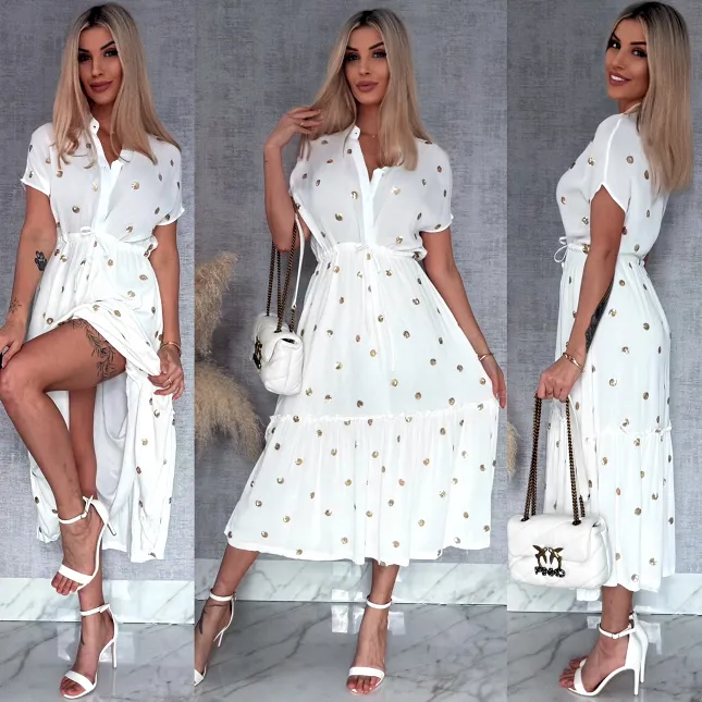 Długa biała sukienka w złote grochy z cekinów ONE SIZE wiskoza - R935