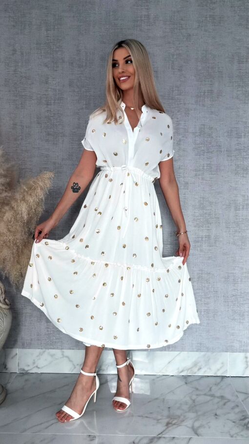 Długa biała sukienka w złote grochy z cekinów ONE SIZE wiskoza - R935