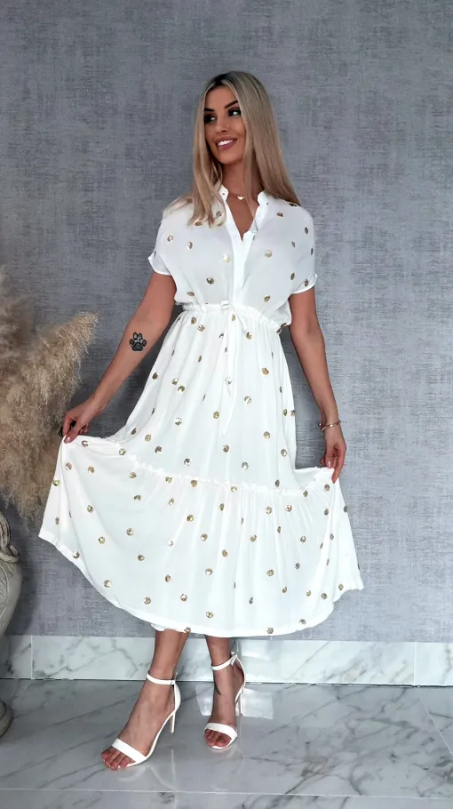 Długa biała sukienka w złote grochy z cekinów ONE SIZE wiskoza - R935