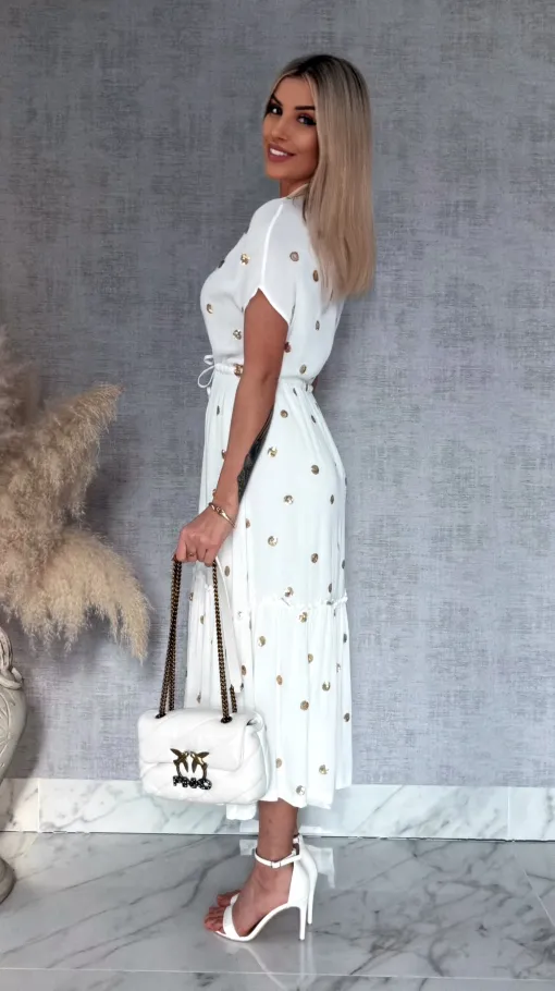 Długa biała sukienka w złote grochy z cekinów ONE SIZE wiskoza - R935