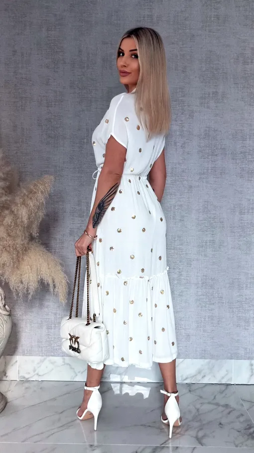 Długa biała sukienka w złote grochy z cekinów ONE SIZE wiskoza - R935