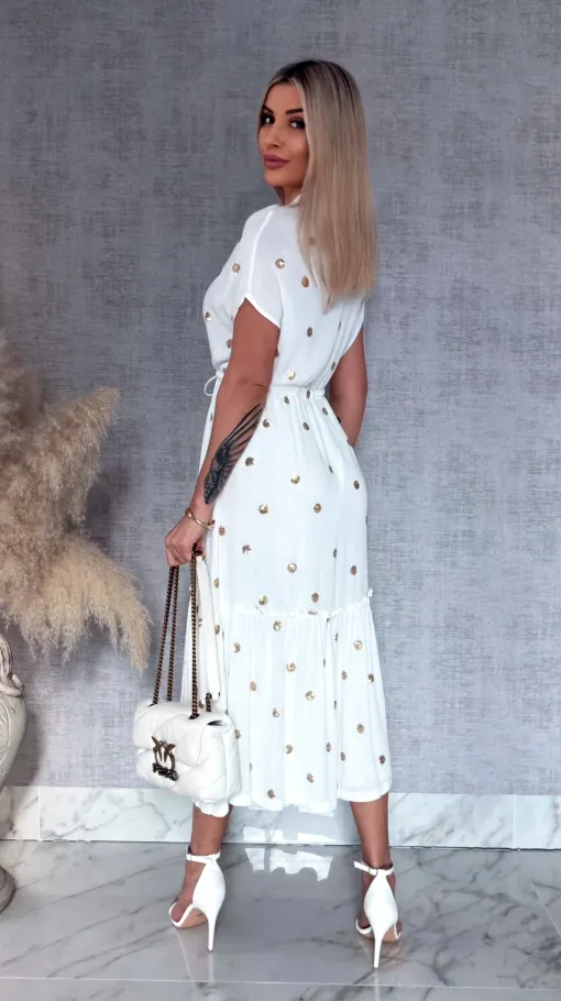 Długa biała sukienka w złote grochy z cekinów ONE SIZE wiskoza - R935