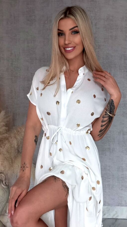 Długa biała sukienka w złote grochy z cekinów ONE SIZE wiskoza - R935