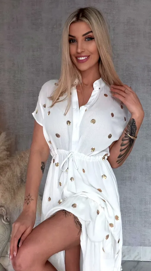 Długa biała sukienka w złote grochy z cekinów ONE SIZE wiskoza - R935