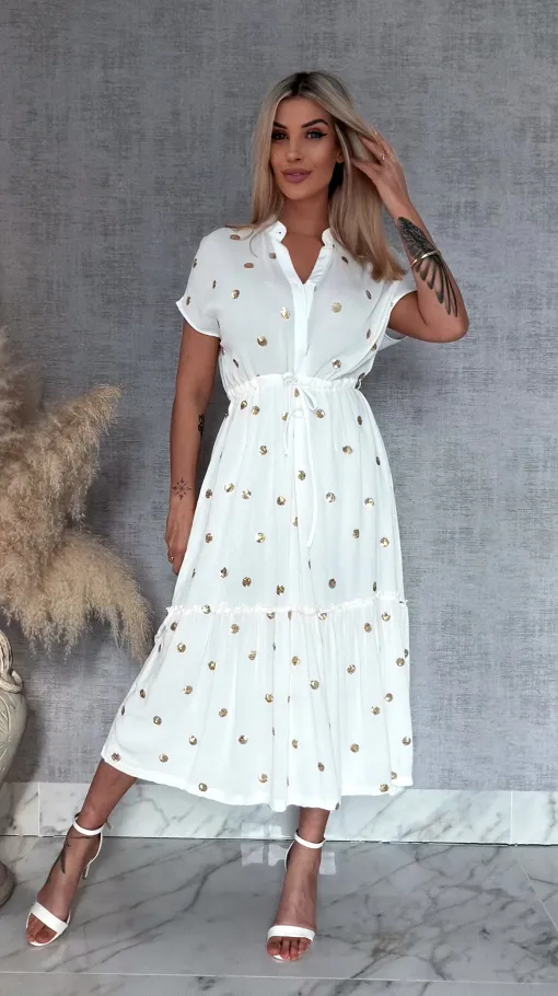 Długa biała sukienka w złote grochy z cekinów ONE SIZE wiskoza - R935