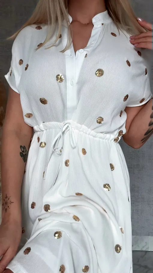 Długa biała sukienka w złote grochy z cekinów ONE SIZE wiskoza - R935