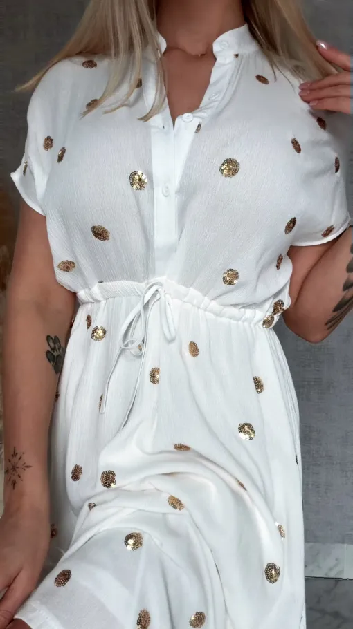 Długa biała sukienka w złote grochy z cekinów ONE SIZE wiskoza - R935